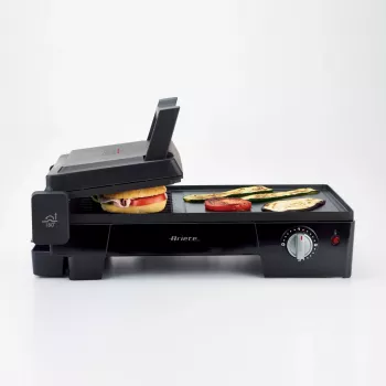 Grelhador Ariete 1916 Multi Grill 3 em 1 - grelhador elétrico, churrasqueira, placa lisa e canelada - abertura a 180° - termostato ajustável - 2400 Watt - preto