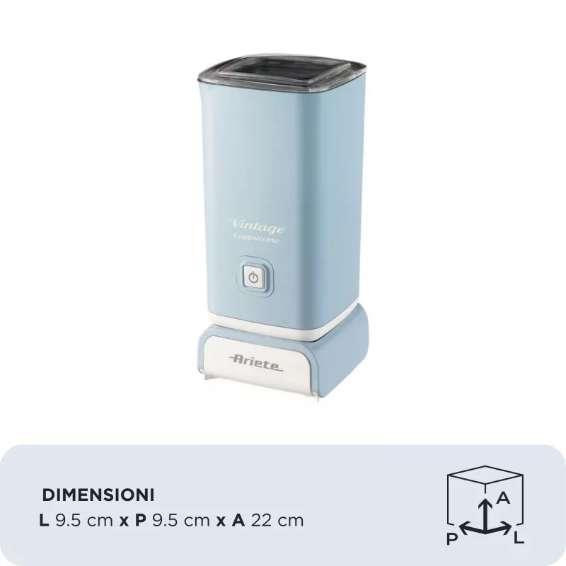 Ariete 2878 Vintage espumador de leite para cappuccino, chá, chocolate quente e frio, bebidas instantâneas, 500 Watt, azul-claro pastel