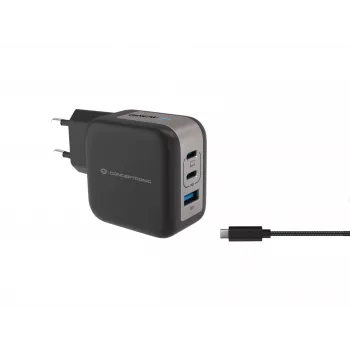 Carregador Conceptronic 3 portas 67W GaN USB PD com cabo de carregamento USB-C, USB-C x 2, USB-A x 1, QC 3.0, PPS