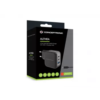 Carregador Conceptronic 3 portas 67W GaN USB PD com cabo de carregamento USB-C, USB-C x 2, USB-A x 1, QC 3.0, PPS