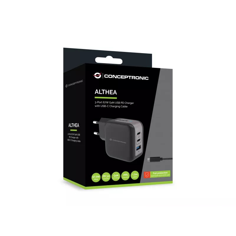 Carregador Conceptronic 3 portas 67W GaN USB PD com cabo de carregamento USB-C, USB-C x 2, USB-A x 1, QC 3.0, PPS