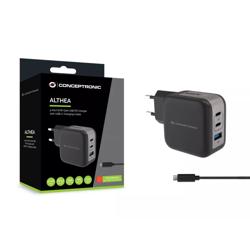 Carregador Conceptronic 3 portas 67W GaN USB PD com cabo de carregamento USB-C, USB-C x 2, USB-A x 1, QC 3.0, PPS