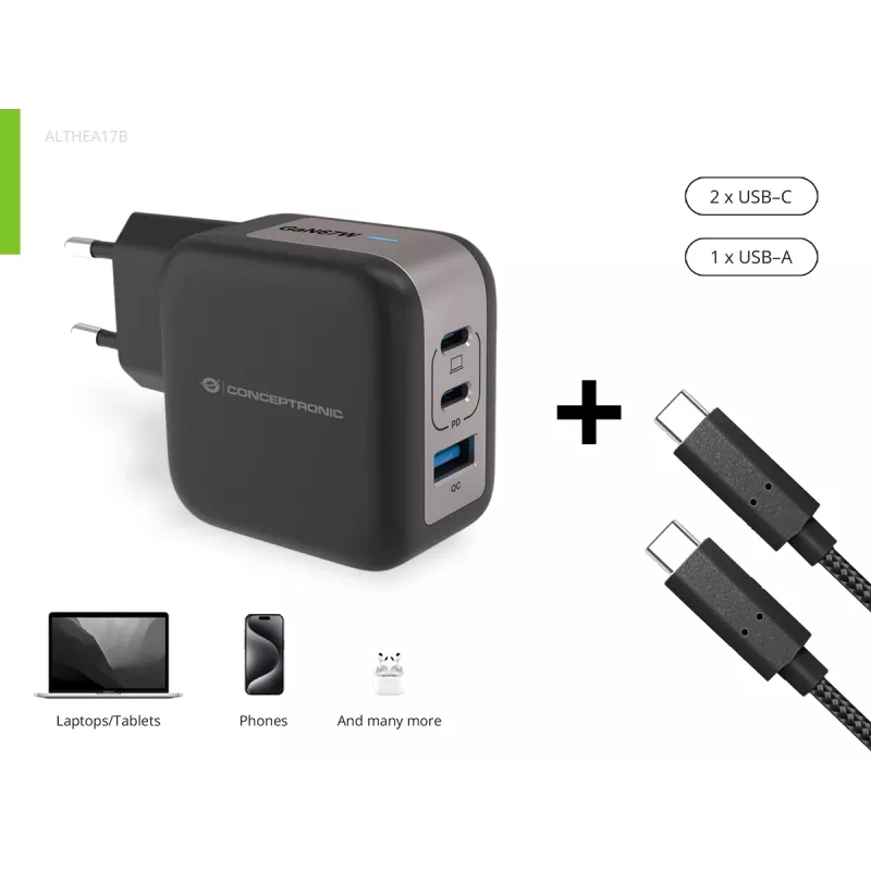 Carregador Conceptronic 3 portas 67W GaN USB PD com cabo de carregamento USB-C, USB-C x 2, USB-A x 1, QC 3.0, PPS