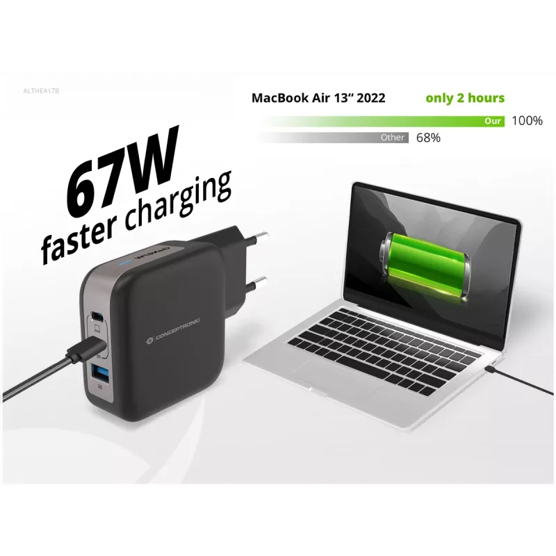 Carregador Conceptronic 3 portas 67W GaN USB PD com cabo de carregamento USB-C, USB-C x 2, USB-A x 1, QC 3.0, PPS