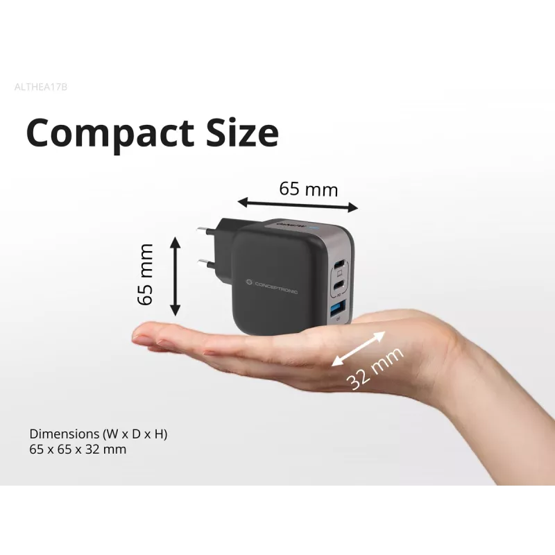 Carregador Conceptronic 3 portas 67W GaN USB PD com cabo de carregamento USB-C, USB-C x 2, USB-A x 1, QC 3.0, PPS