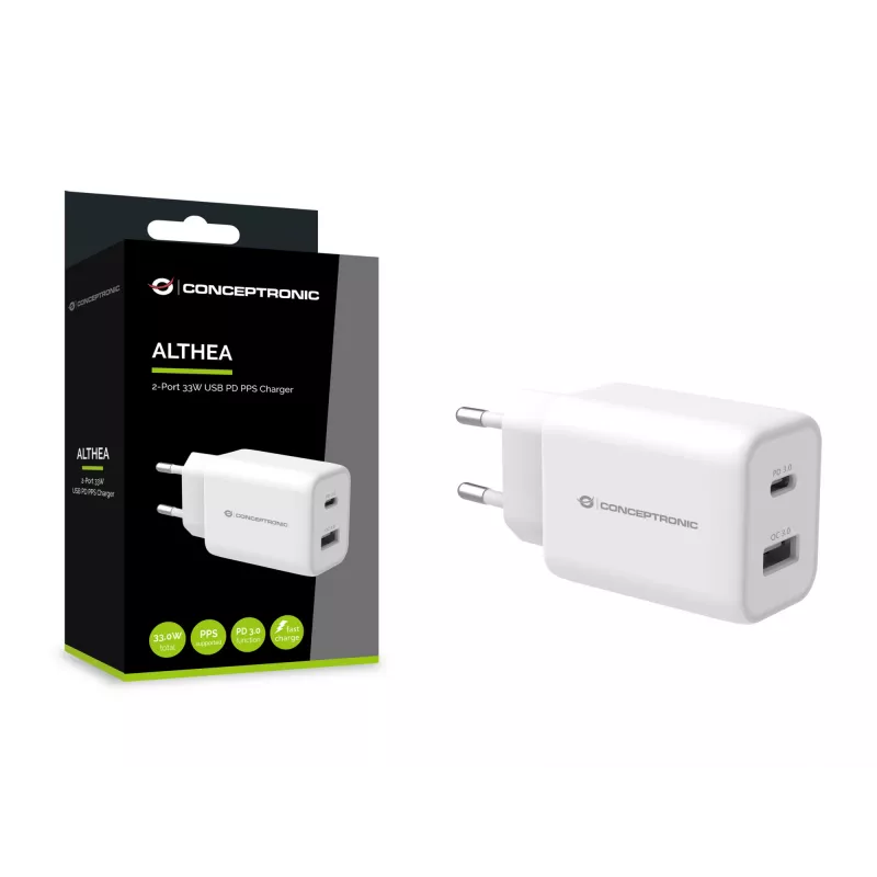 Carregador Conceptronic ALTHEA 2 portas 33W USB PD PPS, QC 3.0