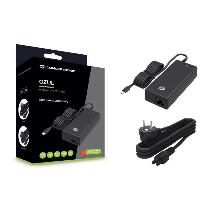 Carregador de secretária USB-PD GaN Conceptronic OZUL03BE 100W, universal, interior, 100–240 V, 50–60 Hz, 100 W, 5–20 V
