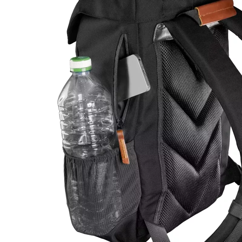 Mochila Mantona Luis junior preta e castanha em pele, metal, poliéster e sintético