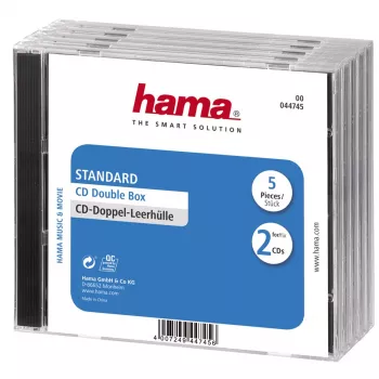 Caixa dupla Jewel Case para CD Hama standard, pack de 5 2 discos transparente