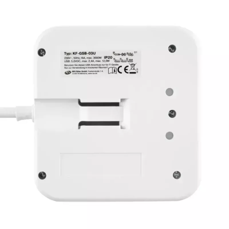 REV 0012378109 régua de 3 tomadas, Schuko, sem interruptor, branco/preto