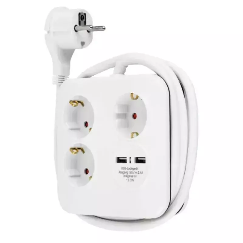 REV 0012378109 régua de 3 tomadas, Schuko, sem interruptor, branco/preto