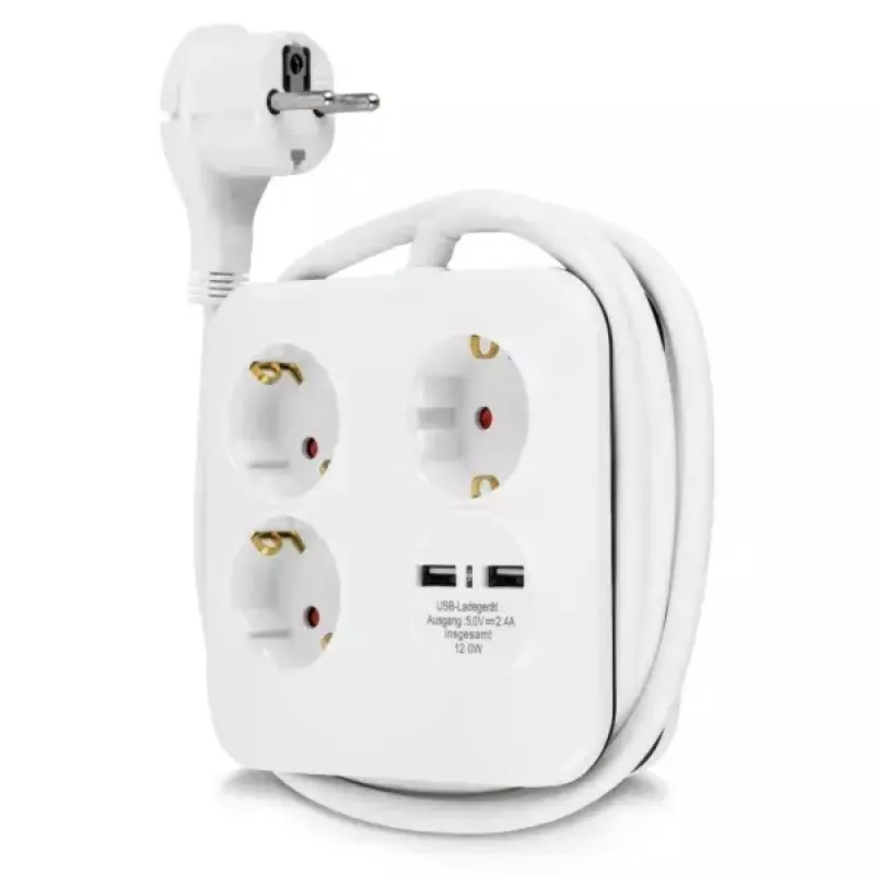 REV 0012378109 régua de 3 tomadas, Schuko, sem interruptor, branco/preto
