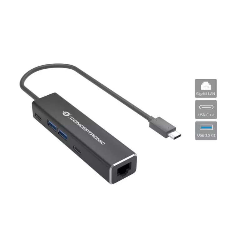Adaptador Conceptronic ABBY13B Gigabit Ethernet USB 3.2 Gen 1 com hub USB, GbE, USB-A x 2, USB-C x 2