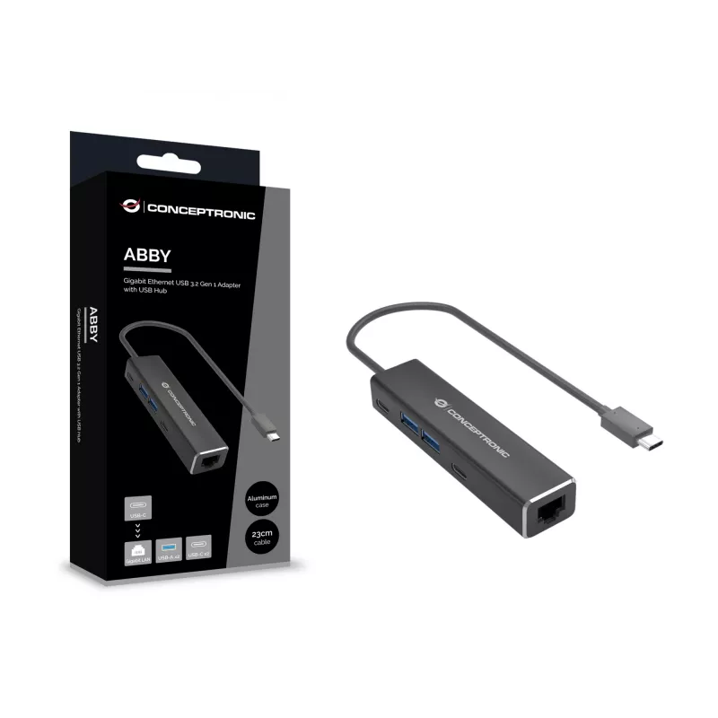 Adaptador Conceptronic ABBY13B Gigabit Ethernet USB 3.2 Gen 1 com hub USB, GbE, USB-A x 2, USB-C x 2