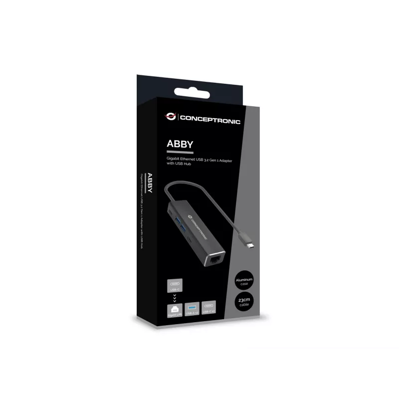 Adaptador Conceptronic ABBY13B Gigabit Ethernet USB 3.2 Gen 1 com hub USB, GbE, USB-A x 2, USB-C x 2