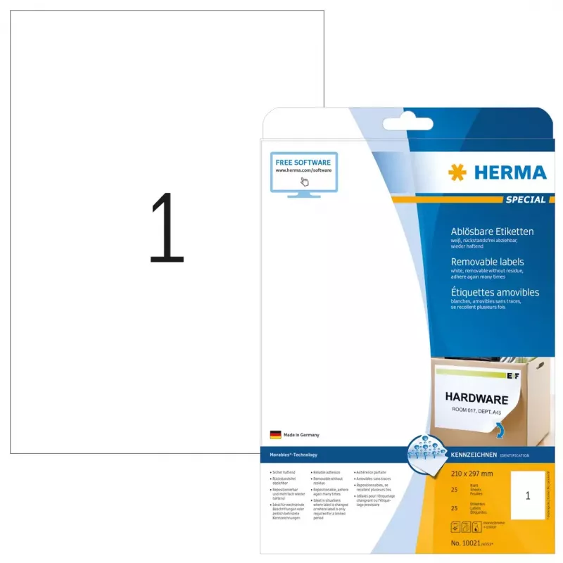Etiqueta autoadesiva para impressora HERMA removíveis A4 210x297 mm brancas Movables