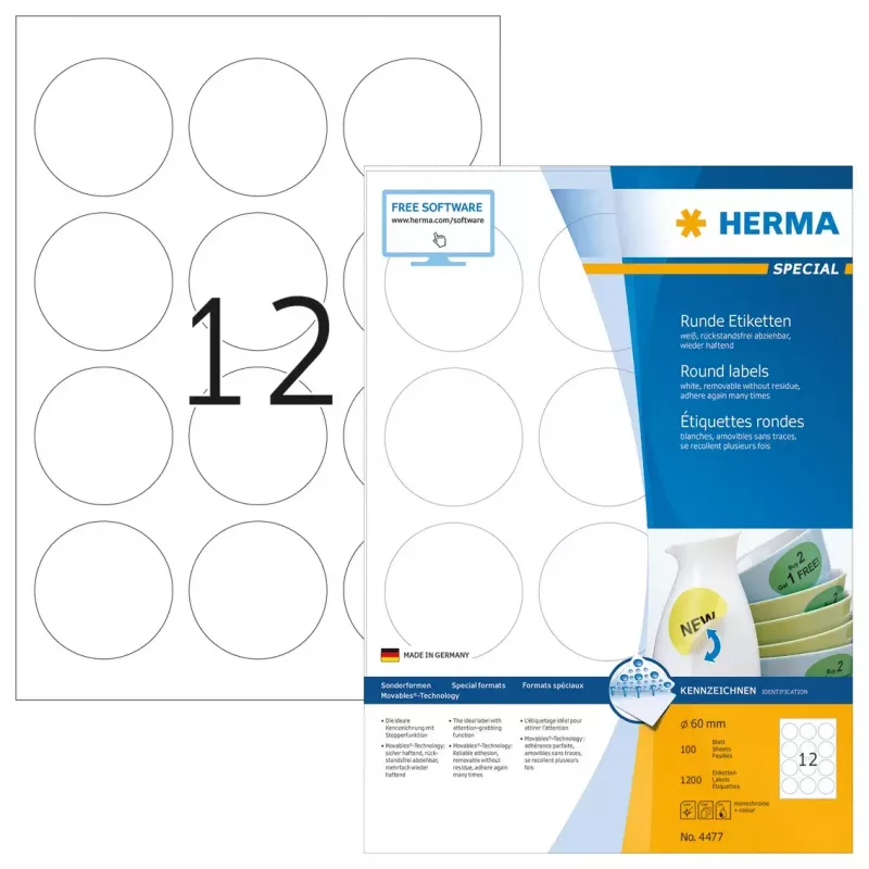 Etiqueta de impressora autoadesiva HERMA etiquetas removíveis A4 Ø 60 mm