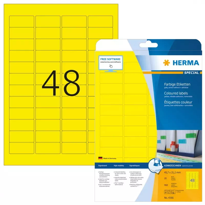 Etiquetas de impressora autoadesivas HERMA Coloured Labels A4 45,7x21,2 mm amarelo