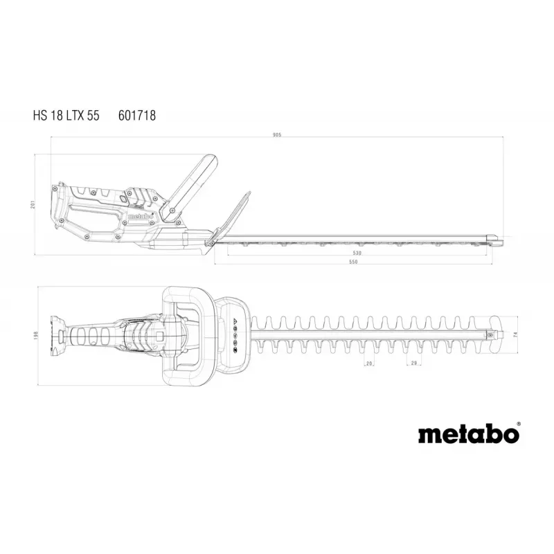 Metabo HS 18 LTX 55 Corta-sebes a bateria com lâmina de dois lados, 18 V, 55 cm de comprimento de corte, apenas a máquina