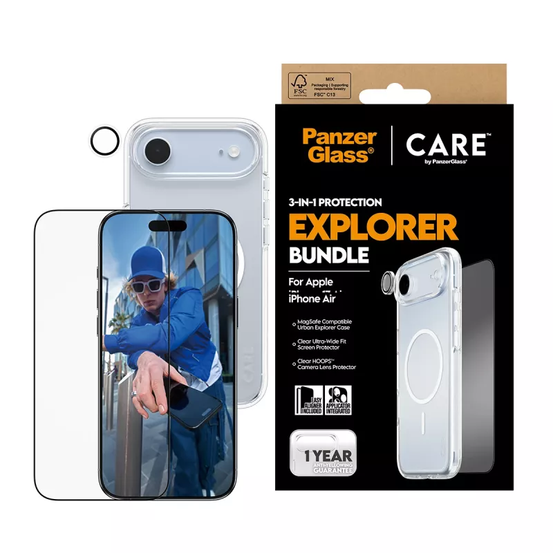 Kit de proteção de ecrã PanzerGlass 3 em 1 Explorer Set CR66372 para iPhone 17 Air (vidro temperado, proteção da câmara, ferramentas de limpeza)