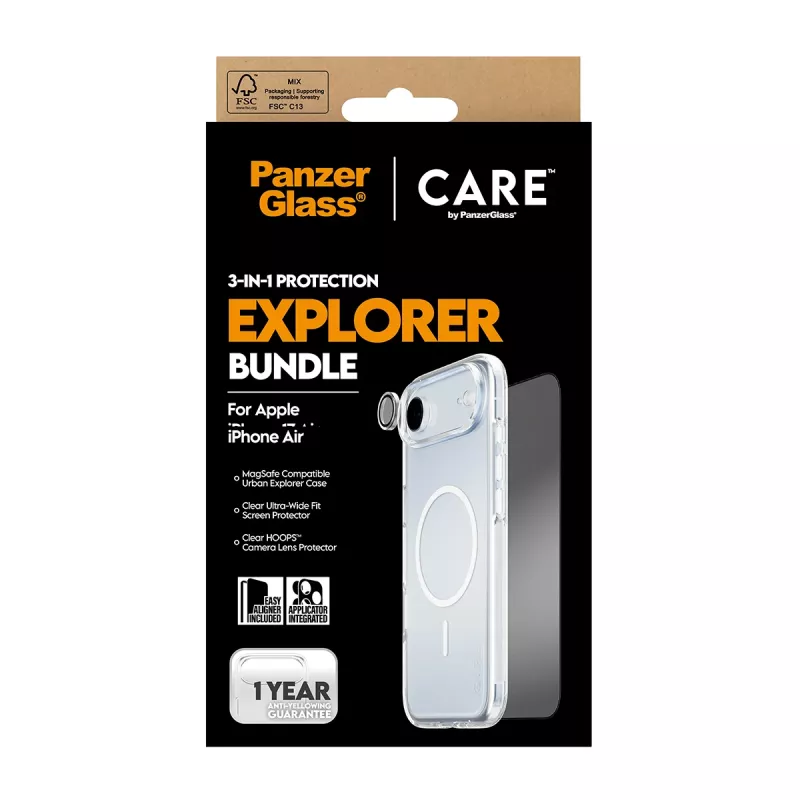 Kit de proteção de ecrã PanzerGlass 3 em 1 Explorer Set CR66372 para iPhone 17 Air (vidro temperado, proteção da câmara, ferramentas de limpeza)