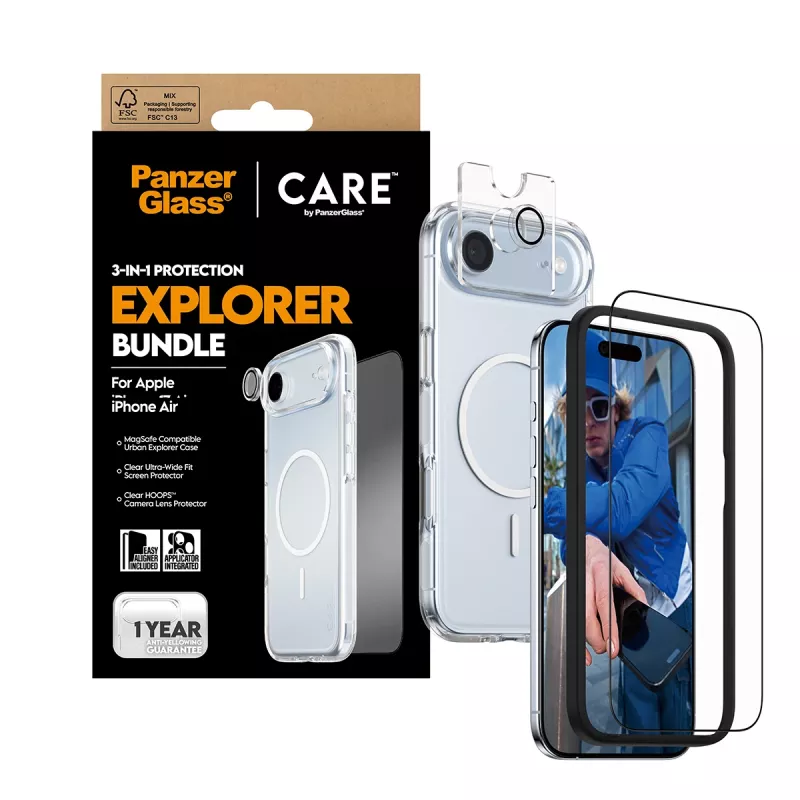 Kit de proteção de ecrã PanzerGlass 3 em 1 Explorer Set CR66372 para iPhone 17 Air (vidro temperado, proteção da câmara, ferramentas de limpeza)