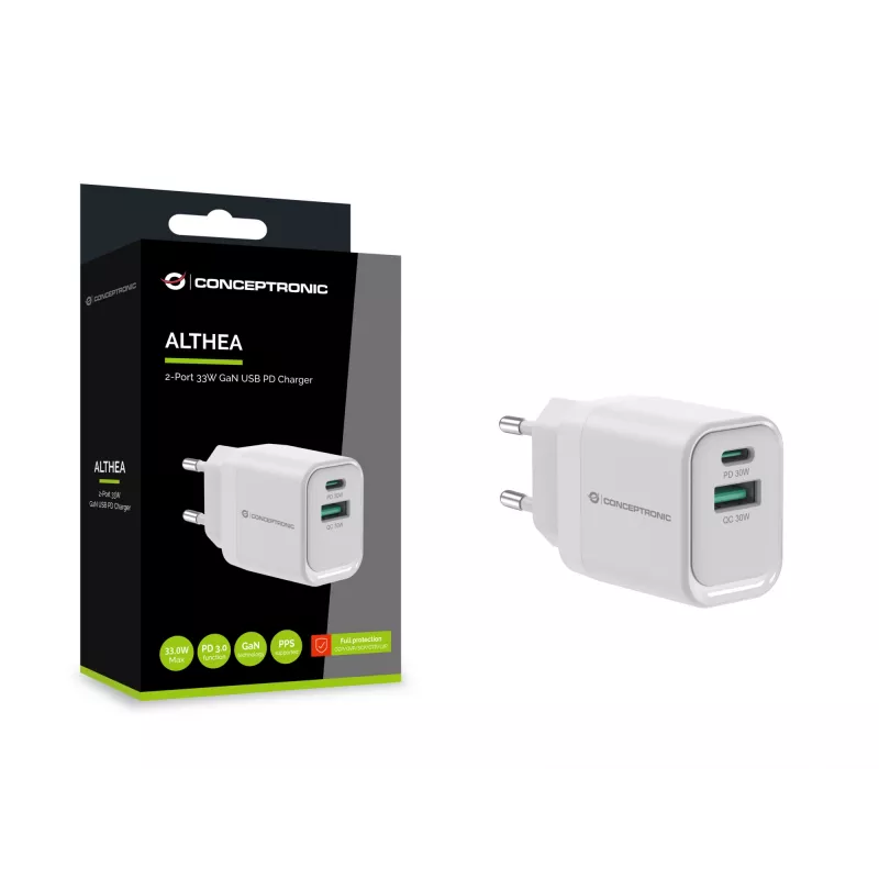 Carregador Conceptronic ALTHEA19W33 2-Port 33W GaN USB PD, USB-C x 1, USB-A x 1, QC 3.0, PPS, PD 3.0