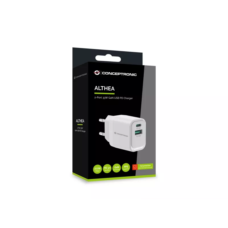Carregador Conceptronic ALTHEA19W33 2-Port 33W GaN USB PD, USB-C x 1, USB-A x 1, QC 3.0, PPS, PD 3.0