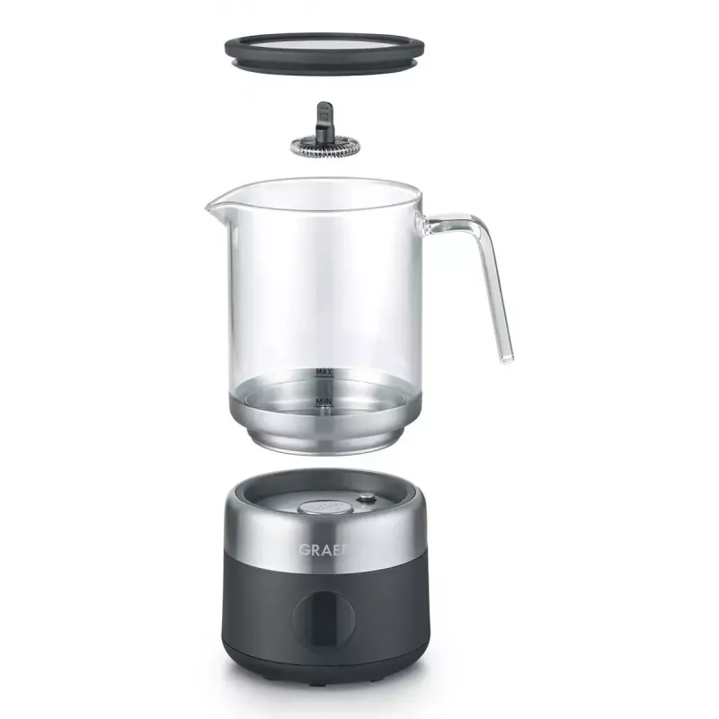 Espumador de leite Graef MS802 automático — 600 W, jarro de vidro, aço inoxidável e preto