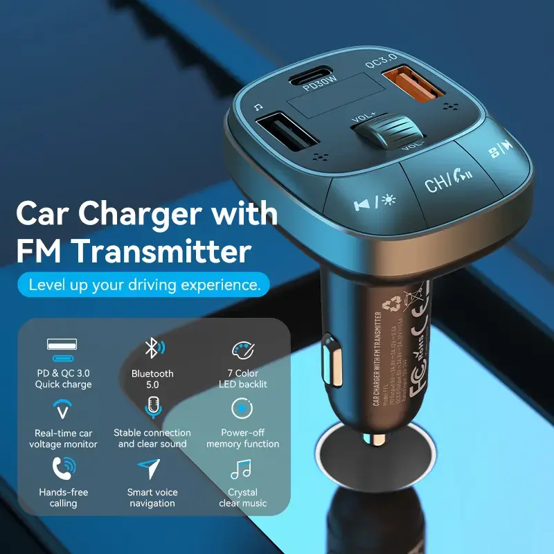Vention FFLB0 carregador de automóvel com transmissor FM, Bluetooth 5.0, 3 portas USB (USB-C + 2× USB-A), 30 W PD, 30 W/18 W/5 W, preto