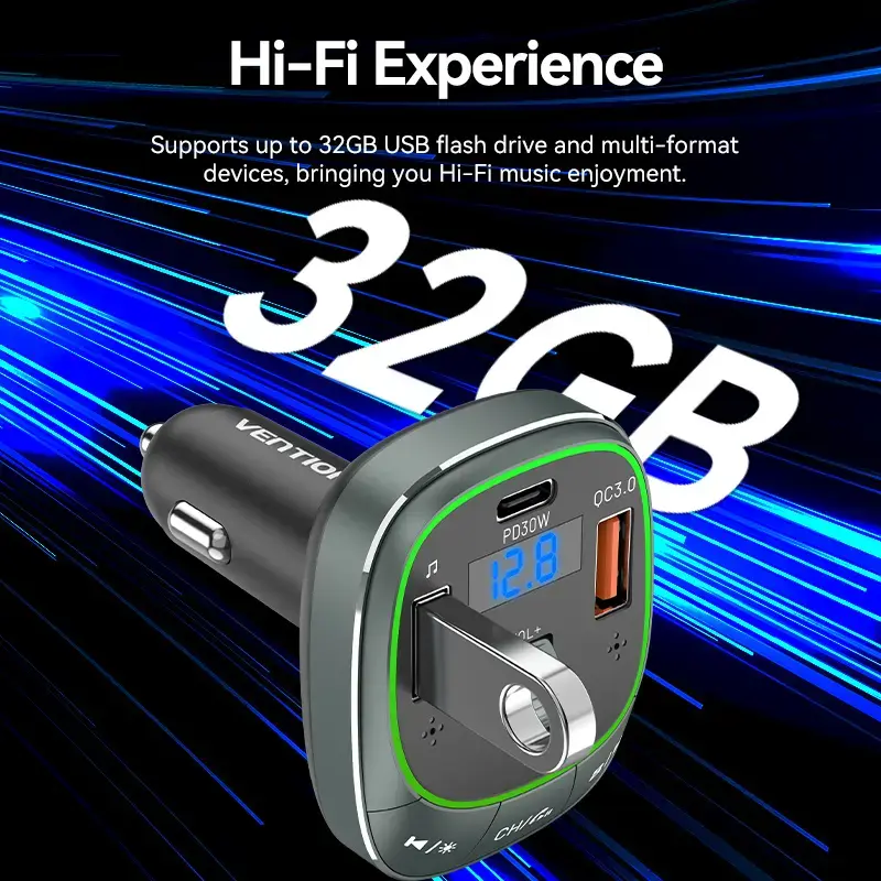 Vention FFLB0 carregador de automóvel com transmissor FM, Bluetooth 5.0, 3 portas USB (USB-C + 2× USB-A), 30 W PD, 30 W/18 W/5 W, preto
