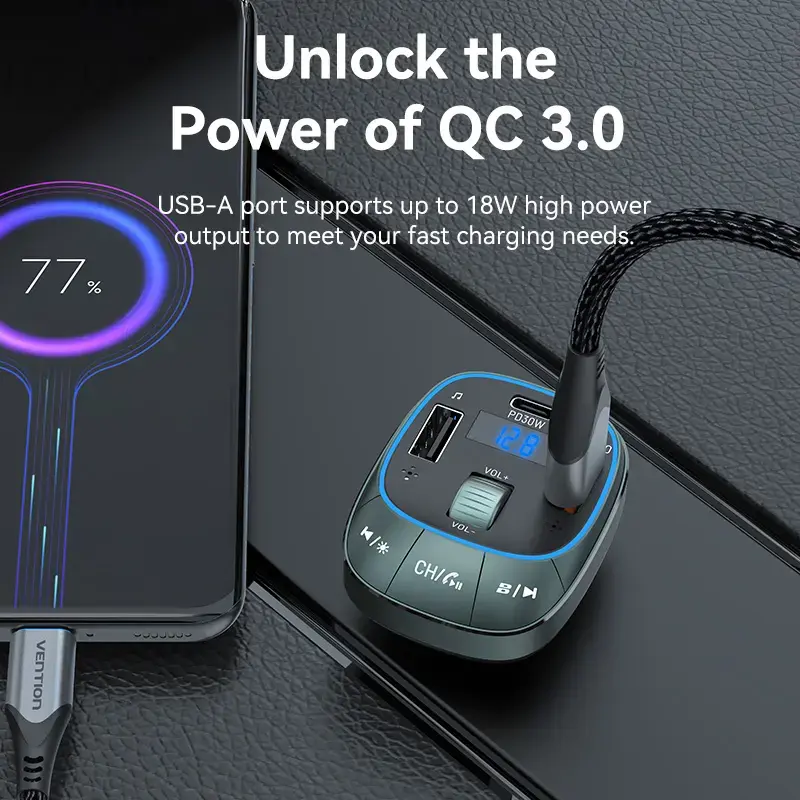 Vention FFLB0 carregador de automóvel com transmissor FM, Bluetooth 5.0, 3 portas USB (USB-C + 2× USB-A), 30 W PD, 30 W/18 W/5 W, preto