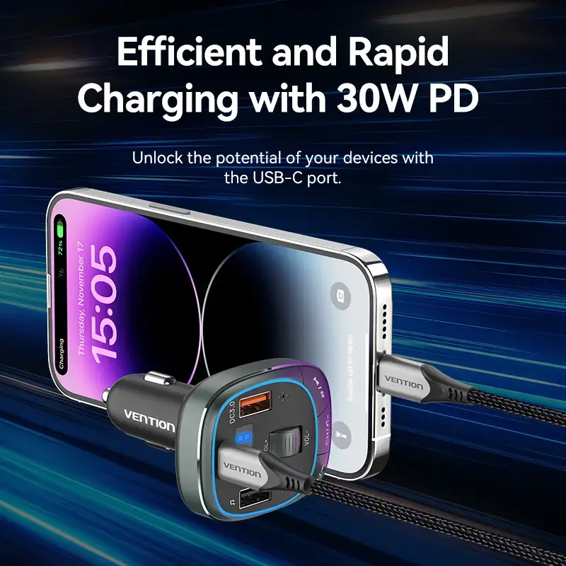 Vention FFLB0 carregador de automóvel com transmissor FM, Bluetooth 5.0, 3 portas USB (USB-C + 2× USB-A), 30 W PD, 30 W/18 W/5 W, preto