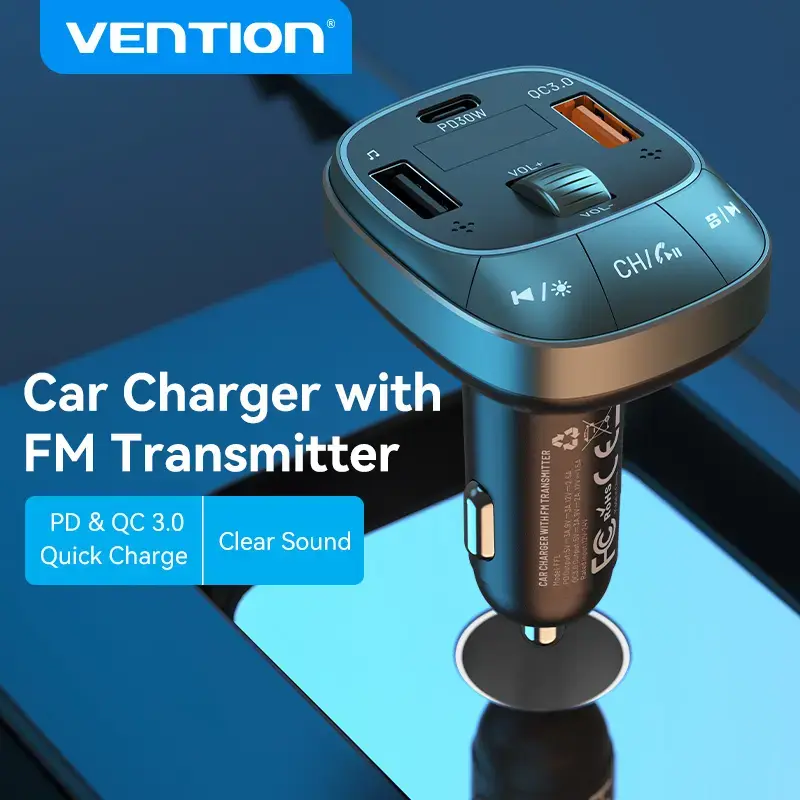 Vention FFLB0 carregador de automóvel com transmissor FM, Bluetooth 5.0, 3 portas USB (USB-C + 2× USB-A), 30 W PD, 30 W/18 W/5 W, preto