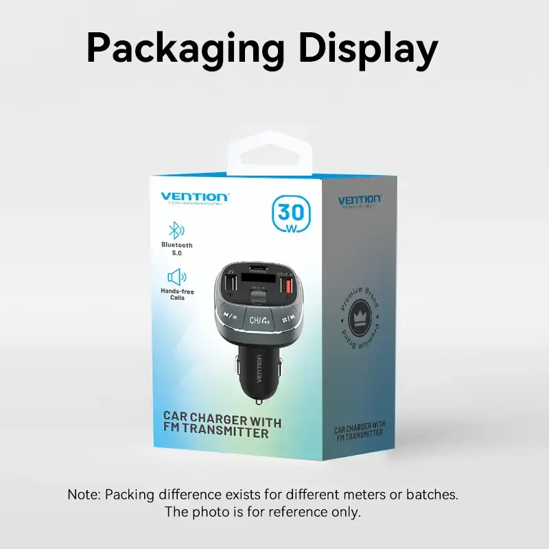 Vention FFLB0 carregador de automóvel com transmissor FM, Bluetooth 5.0, 3 portas USB (USB-C + 2× USB-A), 30 W PD, 30 W/18 W/5 W, preto