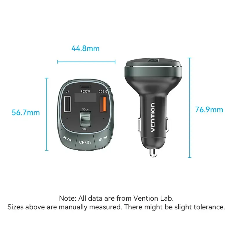 Vention FFLB0 carregador de automóvel com transmissor FM, Bluetooth 5.0, 3 portas USB (USB-C + 2× USB-A), 30 W PD, 30 W/18 W/5 W, preto