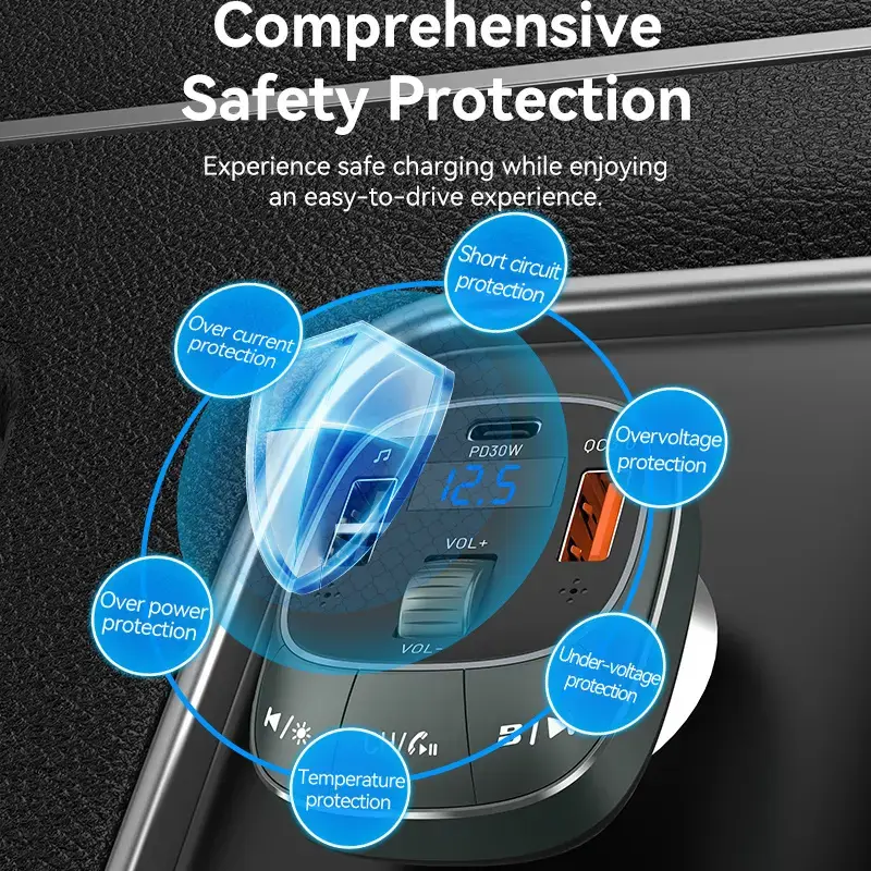 Vention FFLB0 carregador de automóvel com transmissor FM, Bluetooth 5.0, 3 portas USB (USB-C + 2× USB-A), 30 W PD, 30 W/18 W/5 W, preto