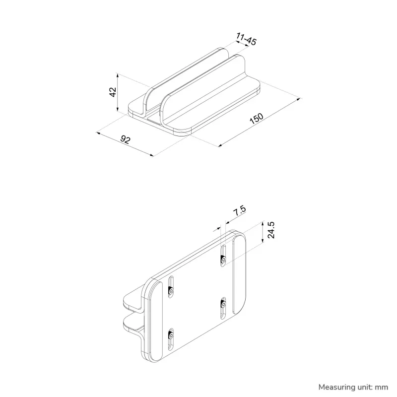 Neomounts NSLS300SILVER suporte vertical para portátil, 11–17 polegadas, máx. 5 kg, alumínio, ajuste de altura 42 mm, ajuste de largura 150 mm, ajuste de profundidade 92 mm, prateado