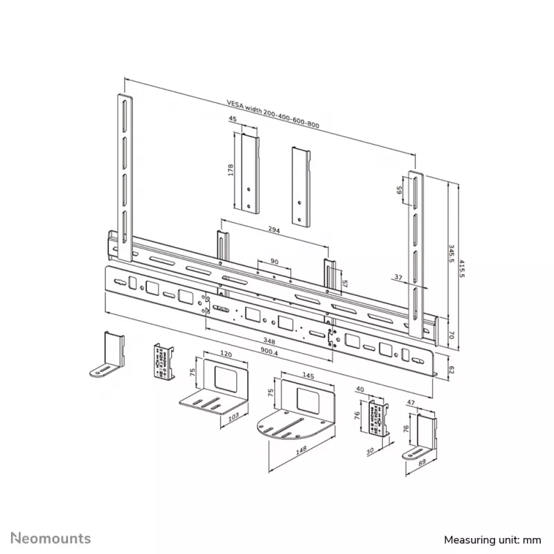 Suporte para videobar Neomounts AV30-500BL para ecrãs de 43–110 polegadas — VESA até 600×400, máx. 10 kg, largura 900 mm