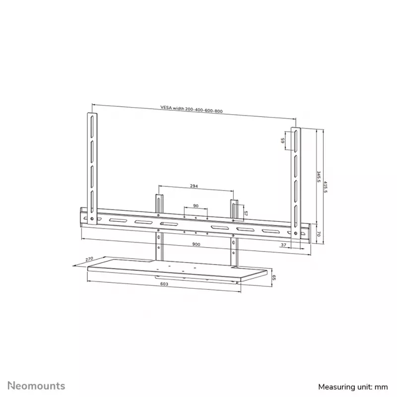 Kit de prateleira para teclado Neomounts AV40-500BL para ecrãs de 43–110 polegadas, VESA até 600x400, carga máx. 2,5 kg, 900×279×640 mm