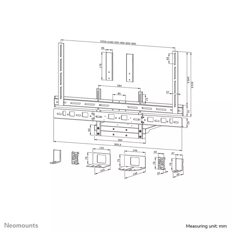 Kit de suporte para videobar e portátil Neomounts AV60-500BL para ecrãs de 43–110 polegadas, VESA até 600x400, carga máx. 8 kg, largura 900 mm