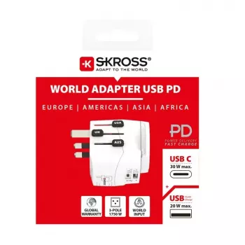 Adaptador de ficha de alimentação Skross 61663 Universal branco 100-250V 2,4A USB