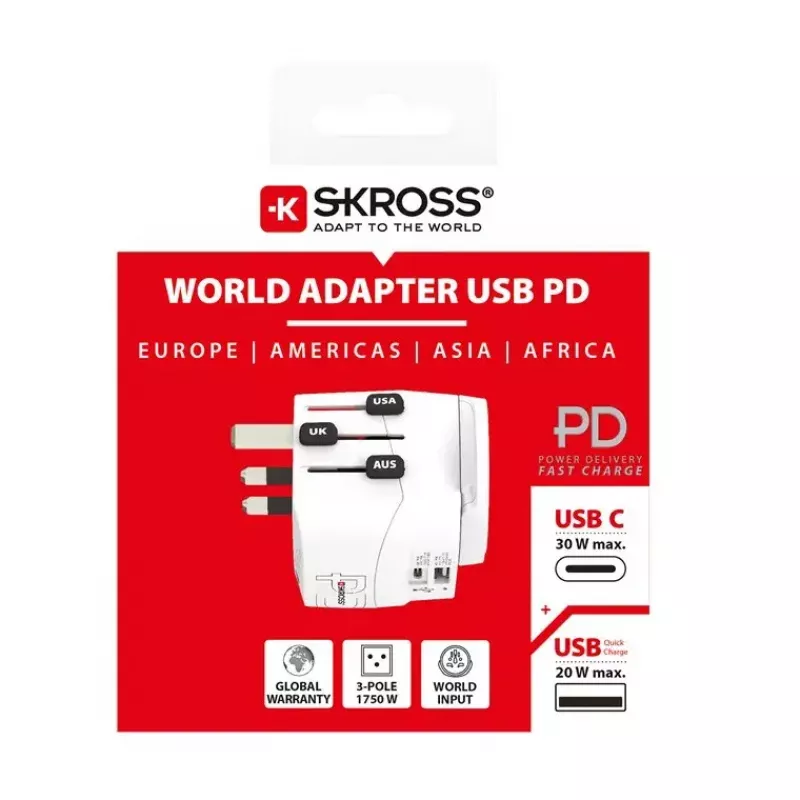 Adaptador de ficha de alimentação Skross 61663 Universal branco 100-250V 2,4A USB