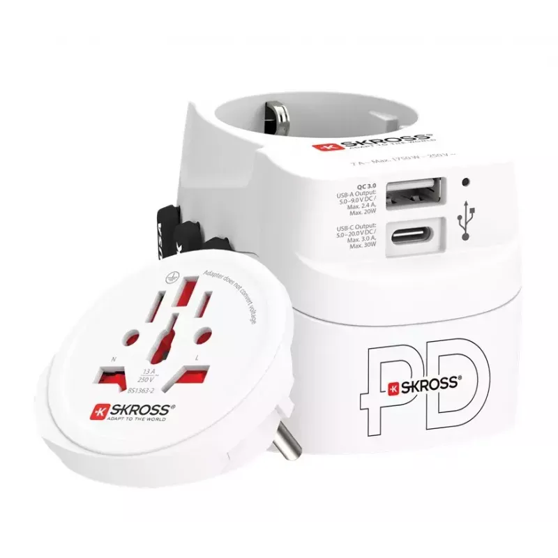 Adaptador de ficha de alimentação Skross 61663 Universal branco 100-250V 2,4A USB