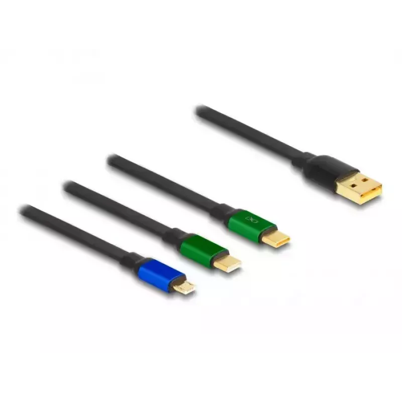 Cabo de carregamento enrolável DeLOCK USB 3 em 1 Micro USB 2 x USB Type-C 1,13 m