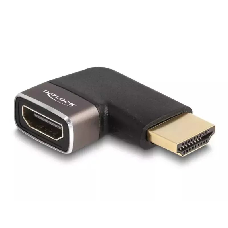 Adaptador HDMI DeLOCK ficha macho para conector fêmea 90° angular para a esquerda 8K 60 Hz cinzento metal