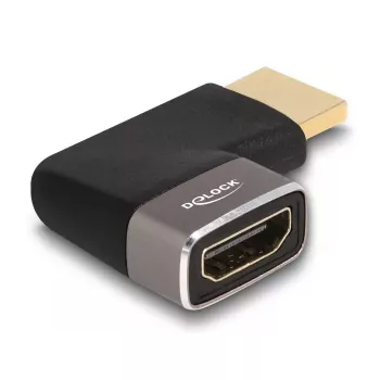 Adaptador HDMI DeLOCK ficha macho para conector fêmea 90° angular para a esquerda 8K 60 Hz cinzento metal