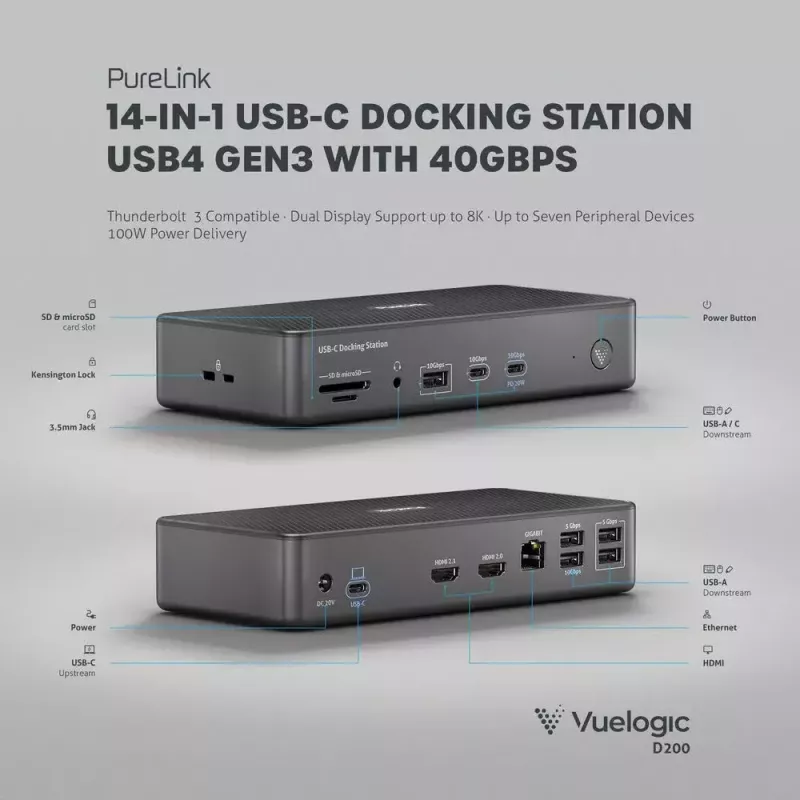 Dock para portátil PureLink VL-D200 com fios cinzento USB Power Delivery HDMI 2.0