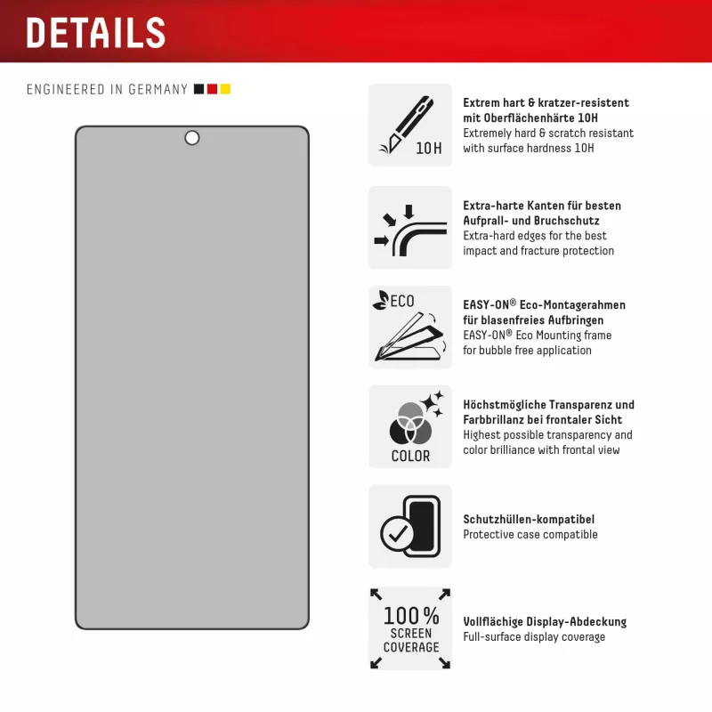 Película de proteção de ecrã Displex Privacy Screen Protector (10H) para Samsung Galaxy S25 Ultra, moldura de aplicação Eco, filtro de privacidade