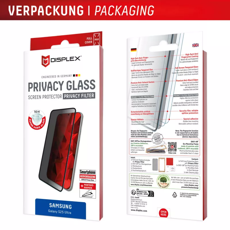 Película de proteção de ecrã Displex Privacy Screen Protector (10H) para Samsung Galaxy S25 Ultra, moldura de aplicação Eco, filtro de privacidade